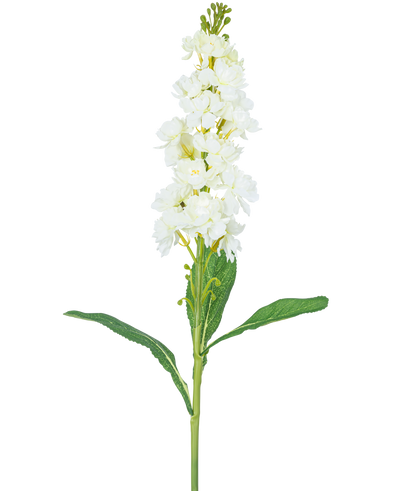 De Kunstbloem Violier 78 cm wit heeft een lange steel met witte bloemen in trossen aan de bovenkant en lange groene bladeren, tegen een effen witte achtergrond.