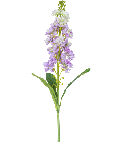 Een enkele Kunstbloem Violier 78 cm in lichtpaars en wit met groene bladeren, tegen een witte achtergrond.