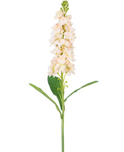 Een enkele Kunstbloem Violier 78 cm crème heeft meerdere licht crème bloesems en groene bladeren tegen een effen witte achtergrond.