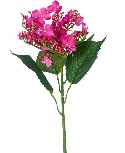 Een enkele Kunstbloem Vlinder Hortensia, 72 cm hoog met felroze kunstbloemen en groene bladeren, tegen een witte achtergrond.