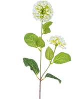The Artificial Flower Snowball/Viburnum (70 cm) has two bunches of small white flowers and several green oval leaves on a stem, against a white background.