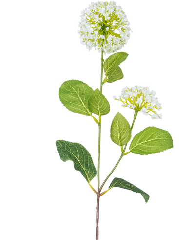 The Artificial Flower Snowball/Viburnum (70 cm) has two bunches of small white flowers and several green oval leaves on a stem, against a white background.
