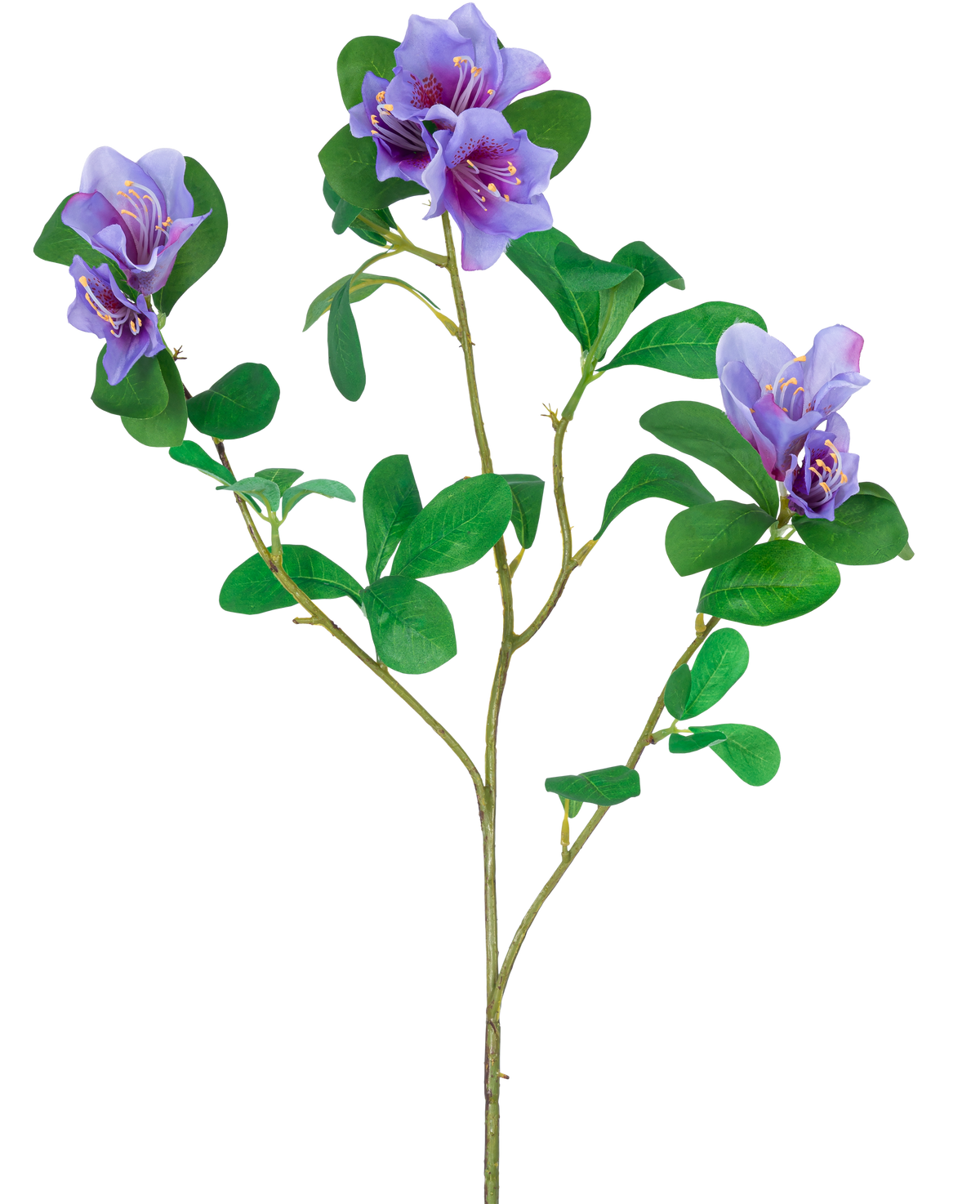 The Artificial Flower Rhododendron Azalea 73 cm purple has a stem with green leaves and three bunches of purple flowers with yellow and white details, isolated on a white background.