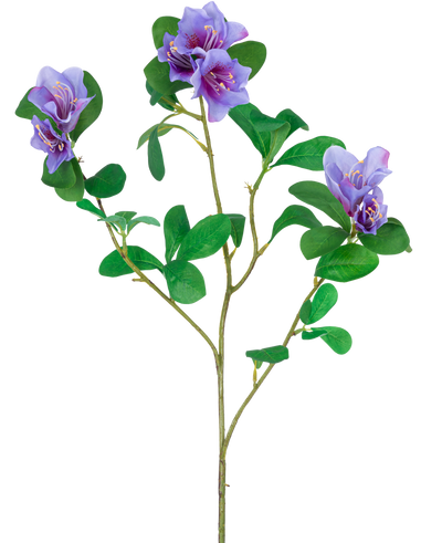 De Kunstbloem Rododendron Azalea 73 cm paars heeft een steel met groene bladeren en drie trossen paarse bloemen met gele en witte details, geïsoleerd op een witte achtergrond.