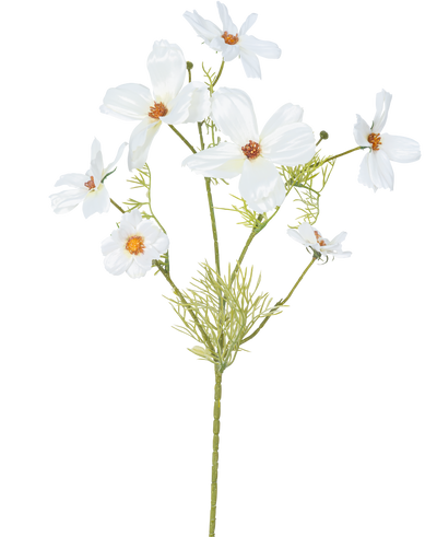 De Kunstbloem Cosmos 74 cm wit heeft verschillende delicate witte bloemen met een geel en oranje hart en vederlichte groene bladeren - ideaal als zijde bloemen voor blijvende elegantie.