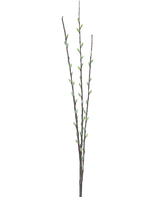De Kunstbloem Salix wilg 70 cm heeft drie slanke bruine takken met kleine groene knoppen en lichtgrijze, pluizige katjes, gerangschikt langs de stengels tegen een effen witte achtergrond.
