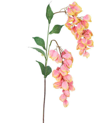 The Artificial Flower Paniculata 95 cm has a single stem with green leaves and bunches of pink and yellow wisteria-like flowers, beautifully isolated on a white background.