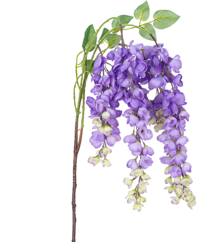 Een Kunstbloem Blauweregen 115 cm paars met paarse blauwe regen bloemen en groene bladeren tegen een witte achtergrond.