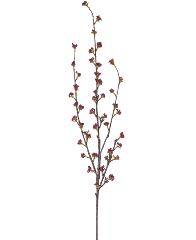 De Kunsttak Callicarpa 104 cm paars heeft slanke takken met meerdere dunne stelen, elk versierd met kleine trosjes dieppaarse knoppen, tegen een effen witte achtergrond.