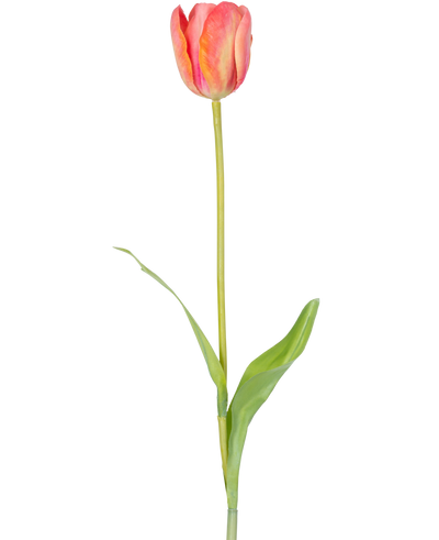 Een enkele Kunstbloem Franse Tulp 63 cm oranje met een lange groene steel en twee groene bladeren, geïsoleerd op een witte achtergrond.