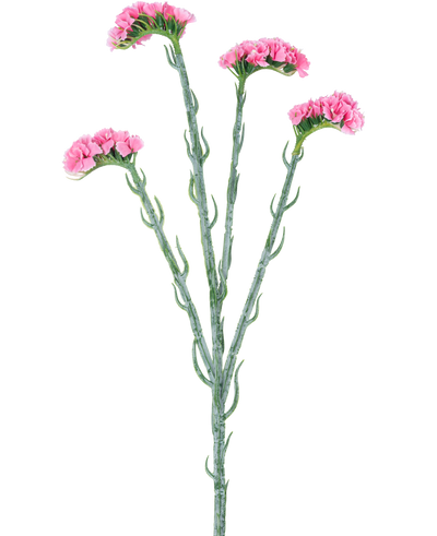 De Kunsttak Statice 64 cm roze heeft drie groene stelen met kleine gekrulde blaadjes, elk eindigend in trosjes delicate roze bloemen, geïsoleerd op een witte achtergrond.