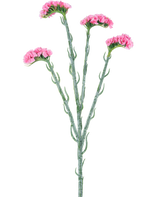 De Kunsttak Statice 64 cm roze heeft drie groene stelen met kleine gekrulde blaadjes, elk eindigend in trosjes delicate roze bloemen, geïsoleerd op een witte achtergrond.