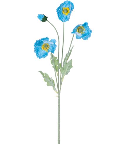 De Kunstbloem Klaproos Real Touch Blauw 60 cm heeft een enkele stengel met drie blauwe klaproosbloemen en groene bladeren; twee bloemen zijn open met een geel hart en één bloem blijft een gesloten knop, allemaal geïsoleerd op een witte achtergrond.