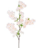 Een enkele Kunst Kersenbloesem 100 cm wit/roze tak met trossen lichtroze en witte kersenbloesems met groene bladeren, geïsoleerd op een witte achtergrond.