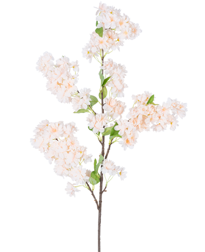Een enkele Kunst Kersenbloesem 100 cm wit/roze tak met trossen lichtroze en witte kersenbloesems met groene bladeren, geïsoleerd op een witte achtergrond.
