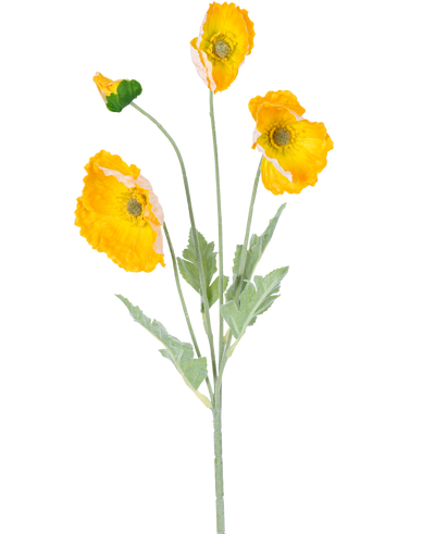 De Kunstbloem Poppy Real Touch geel 60 cm heeft een enkele steel met vier levendige gele klaproosbloemen en groene bladeren, tegen een effen witte achtergrond.