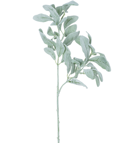 Een enkele Kunstbloem Eucalyptus rond 70 cm steel met zilvergroene, ovaalvormige bladeren met zachte textuur, geïsoleerd op een witte achtergrond.