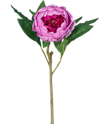 De Kunstbloem Lotus pioenroos Real Touch in paars, 58 cm lang, heeft gelaagde bloembladen, groene bladeren en een lange steel. Afgebeeld tegen een effen witte achtergrond.