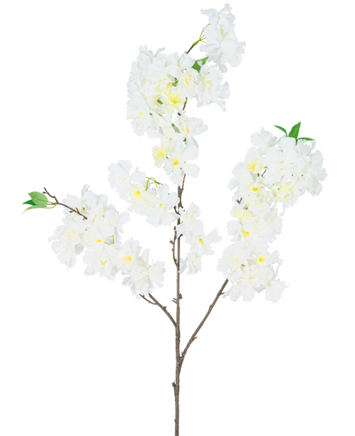 De Kunst Kersenbloesem 106 cm wit heeft een enkele bruine tak met trosjes witte kunstkersenbloesembloemen en kleine groene blaadjes, tegen een effen witte achtergrond.