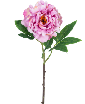 Een enkele Kunstbloem Pioen 61 cm lichtroze, met lichtroze bloemblaadjes en groene blaadjes aan een lange steel, gefotografeerd tegen een effen witte achtergrond.