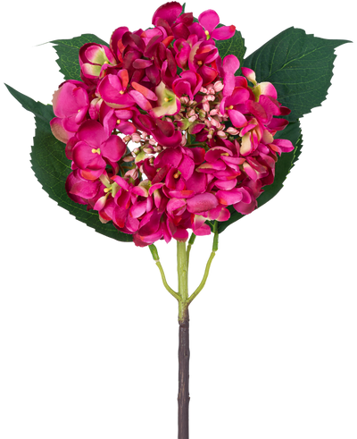 Een enkele Kunstbloem Garden Hortensia 61 cm roze roze hortensiabloesem en drie grote groene bladeren tegen een witte achtergrond.