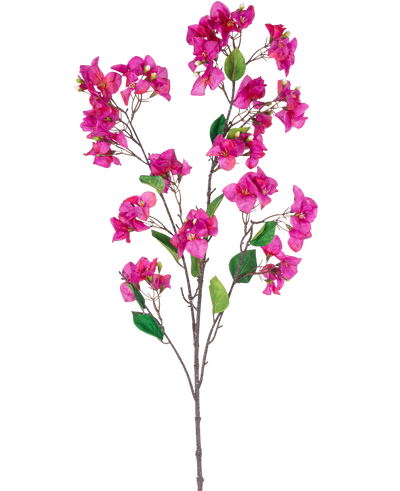 Een Kunstbloem Bougainvillea 120 cm paars tak met meerdere trossen levendige paarse bloemen en groene bladeren tegen een witte achtergrond.