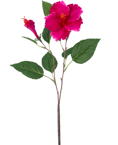 De Kunstbloem Hibiscus 64 cm roze heeft een enkele kunststengel met groene bladeren, een grote open roze bloem en een gesloten knop, allemaal tegen een effen witte achtergrond.