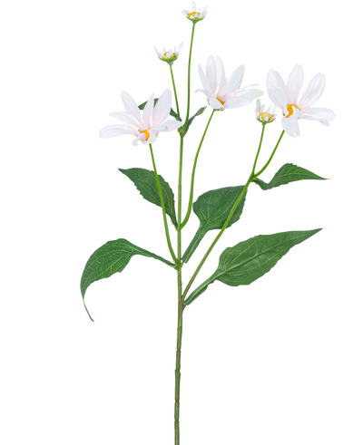De Kunstbloem Madelief 76 cm wit heeft een enkele groene steel met enkele grote bladeren en vijf margrietachtige witte bloemen met een geel hart, tegen een effen witte achtergrond.