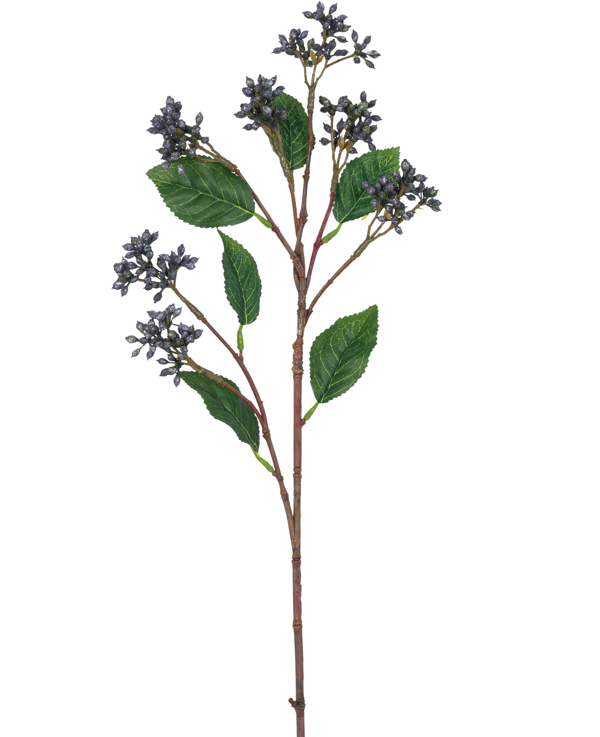 The Kunsttak Japanese Berry 63 cm has clusters of small steel blue berries and single green leaves on thin brown stems, against a plain white background.