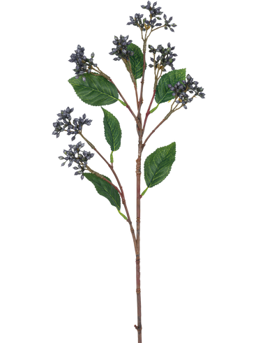 The Kunsttak Japanese Berry 63 cm has clusters of small steel blue berries and single green leaves on thin brown stems, against a plain white background.