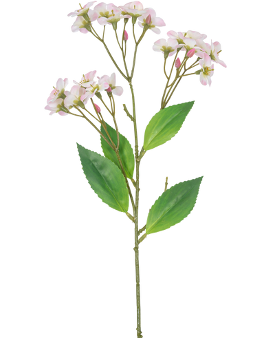 Een Kunstbloem Orchidee Real Touch Roze van 50 cm met meerdere trossen lichtroze bloemen en groene bladeren, geïsoleerd op een witte achtergrond.