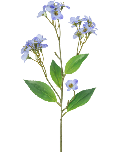 Een Kunstbloem Orchidee Real Touch Paars 50 cm heeft een enkele groene steel met verschillende takken, elk versierd met trosjes kleine, lichtpaarse orchidee bloemen en groene bladeren, tegen een witte achtergrond.