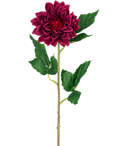 The Artificial Flower Dahlia Real Touch dark red 54 cm has a single deep red dahlia flower with green leaves on a stem, isolated against a white background.