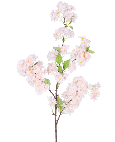 Een enkele Kunst Kersenbloesem 100 cm lichtroze heeft trossen lichtroze kersenbloesems met groene bladeren op een witte achtergrond.