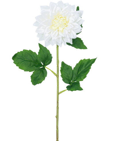 De Kunstbloem Dahlia Real Touch wit 54 cm heeft een enkele witte dahlia steel met een geel hart en groene bladeren, tegen een effen witte achtergrond.