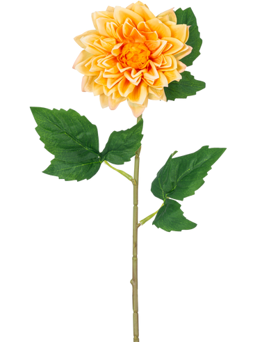 De Kunstbloem Dahlia Real Touch geel 54 cm heeft een levensechte gele dahlia met gelaagde bloemblaadjes en groene bladeren op een lange steel, geïsoleerd op een witte achtergrond.