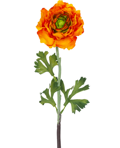 The Artificial Flower Ranunculus 51 cm orange is an artificial orange ranunculus flower with layered petals and green leaves on a long stem, perfect as a decorative accent.