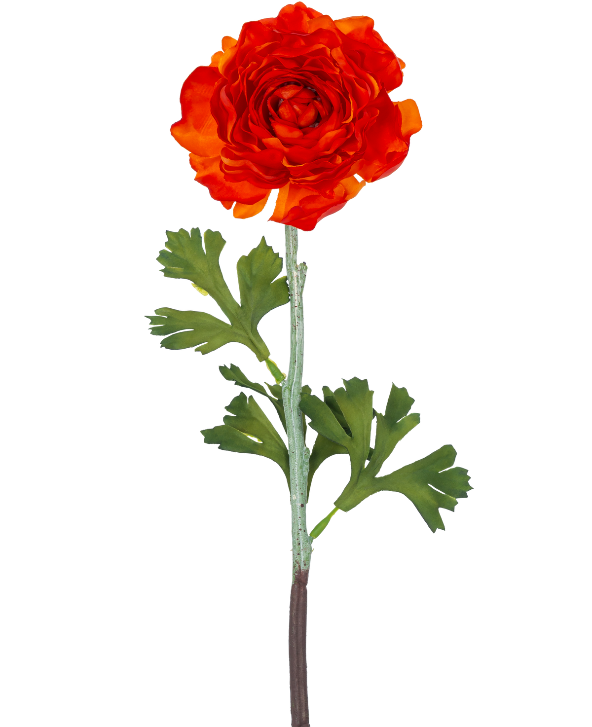 The Artificial Flower Ranunculus 51 cm dark orange has a vibrant dark orange artificial ranunculus flower with layered petals and green, lobed leaves on a long stem, against a plain white background.