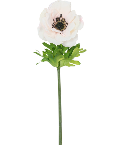 De Kunstbloem Anemoon Real Touch Roze 52 cm heeft een enkele lichtroze bloem met fijne bloemblaadjes, een donker hart, groene bladeren en een lange steel, tegen een witte achtergrond.