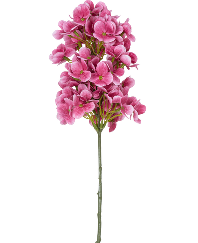 Een enkele steel van de Kunstbloem Sneeuwbal Real Touch Roze 58 cm, met trosjes felroze kunsthortensia-achtige bloemen met een groen hart, geïsoleerd op een witte achtergrond.