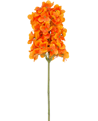 Een enkele Kunstbloem Sneeuwbal Real Touch Oranje, 58 cm lang, heeft helder oranje geclusterde bloemen op een groene steel, tegen een effen witte achtergrond.