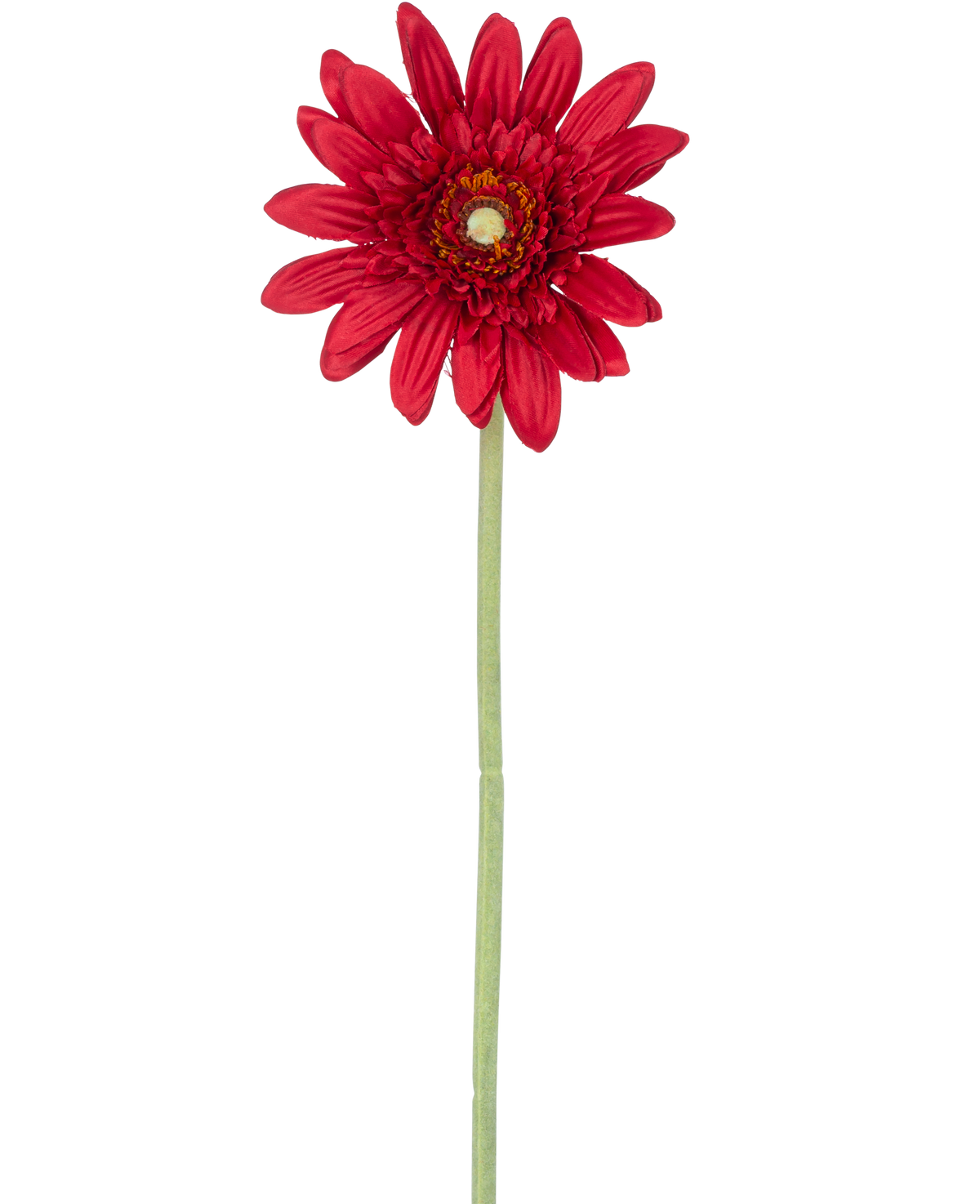 The Artificial Flower Gerbera 53 cm red has a single red gerbera with layered petals and a yellow heart on a long green stem, against a plain white background.