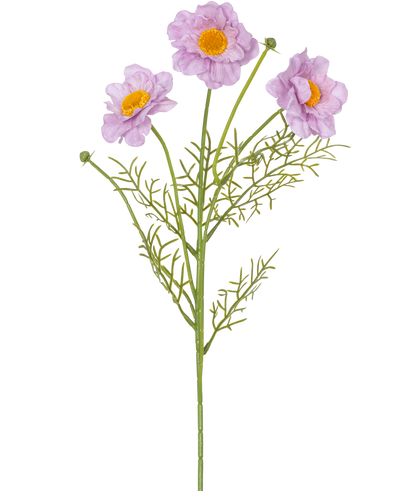 De Kunstrozenkraag Real Touch Paars 50cm heeft een enkele groene steel met drie lichtpaarse bloemen met gele hartjes en vederlichte blaadjes, tegen een witte achtergrond.