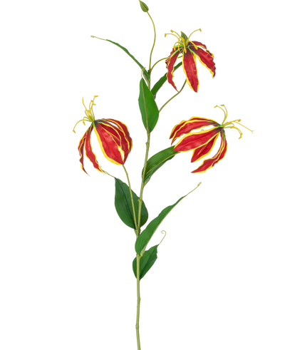 De Kunstbloem Gloriosa Real Touch Rood 75 cm heeft een enkele steel met drie levendige rode en gele leliebloemen en lange groene bladeren, tegen een witte achtergrond.