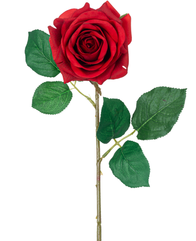 De Kunstroos "Emine" Real Touch Rood 43cm heeft een enkele rode roos met levendige groene bladeren op een lange steel, tegen een effen witte achtergrond.