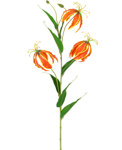 De Kunstbloem Gloriosa Real Touch Oranje 75 cm heeft een hoge groene steel met drie grote oranje en gele lelies en lange, slanke groene bladeren, prachtig weergegeven op een witte achtergrond.