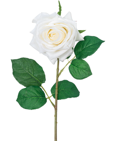 De Kunstroos "Emine" Real Touch Wit 43cm heeft een enkele witte roos met gelaagde bloemblaadjes en groene bladeren op een lange steel, tegen een effen witte achtergrond.