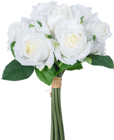 Het Kunstrozenboeket 7 Rozen Real Touch Wit 30 cm heeft een boeket van witte kunstrozen met groene bladeren, de stelen gebonden door een bruine rubberen band, afgebeeld tegen een effen witte achtergrond.