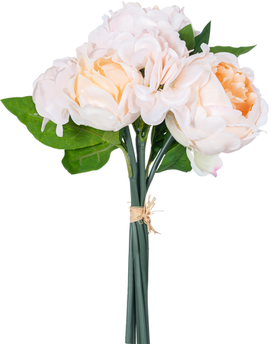 Een Kunstboeket mix bloemen Real Touch Champagne 30 cm heeft levensechte roze en perzikkleurige kunstbloemen met groene bladeren en lotusknoppen, gebonden met touw tegen een witte achtergrond.