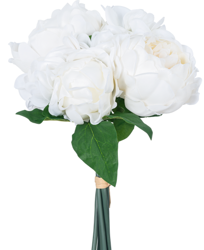 De Kunstboeket mix bloemen Real Touch Wit 30 cm heeft levensechte witte bloemen en groene bladeren, elegant omwikkeld met een band en tegen een effen witte achtergrond.